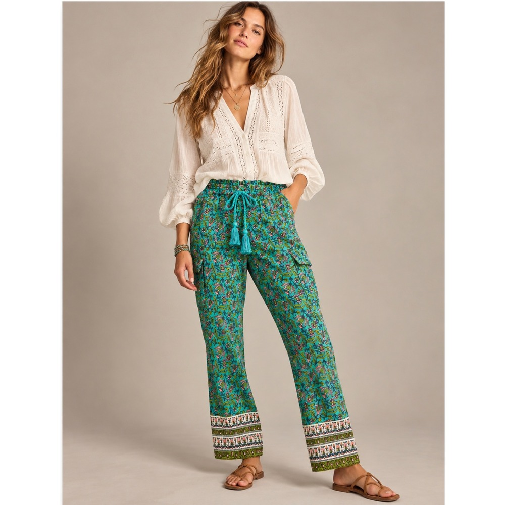 Sundance Vibrant Floral Cargo Pants S Green Cotton Boho Tassel Paperbag Coastal